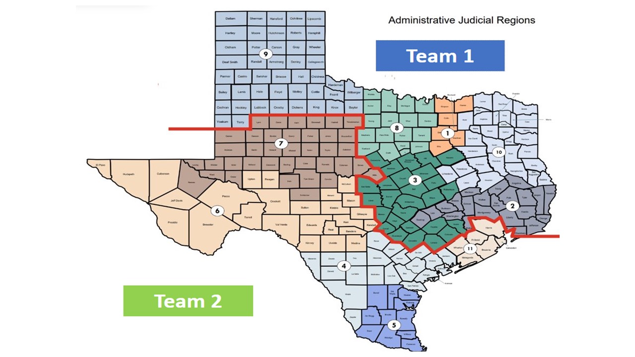Map of Texas counties indicating areas covered by Team 1 and Team 2